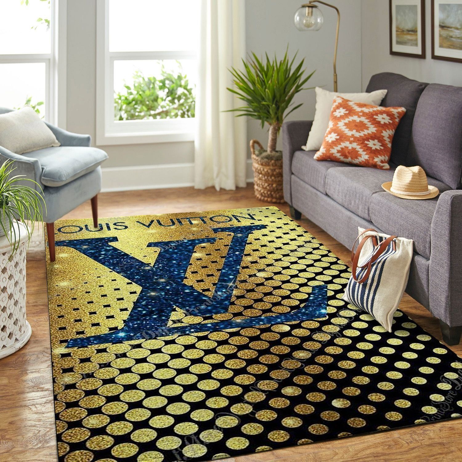 Louis vuitton yellow blue logo type 654. Upgrade Your Living Room with Luxury Home Decor: Area Carpets, Floor Decor, Door Mats, and Hot Gift Items with style a High-End Fashion Brand Rectangle Rug
