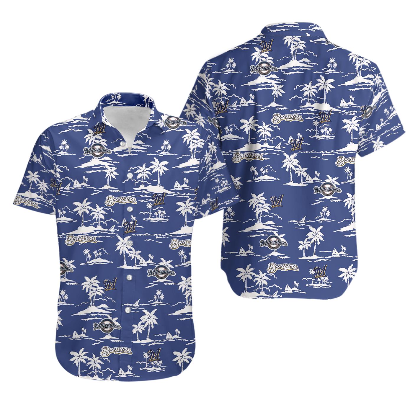 Milwaukee brewers hawaiian shirt brewers name tropical palm trees hawaii shirt Hawaii Shirt Shorts & Flip Flops