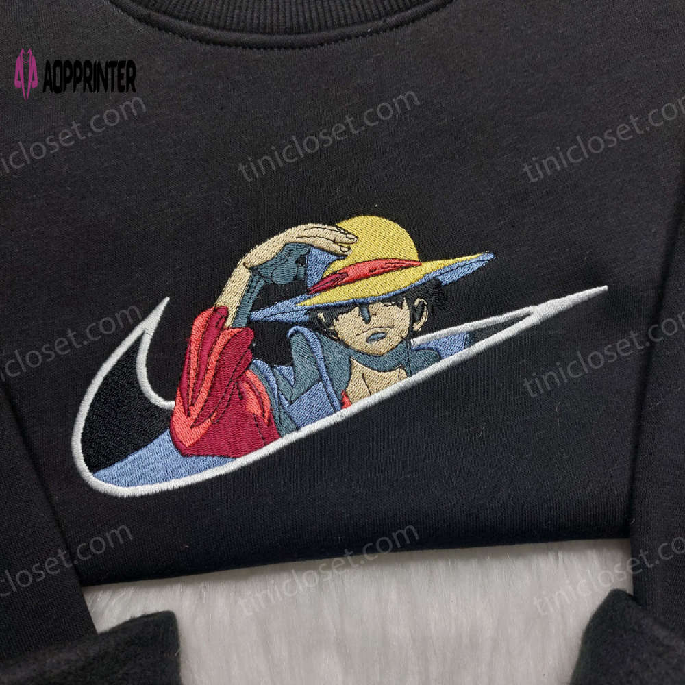 Monkey d luffy embroidered shirt one piece hoodie & custom nike swoosh sweatshirt: unique anime inspired clothing Embroidered Shirt