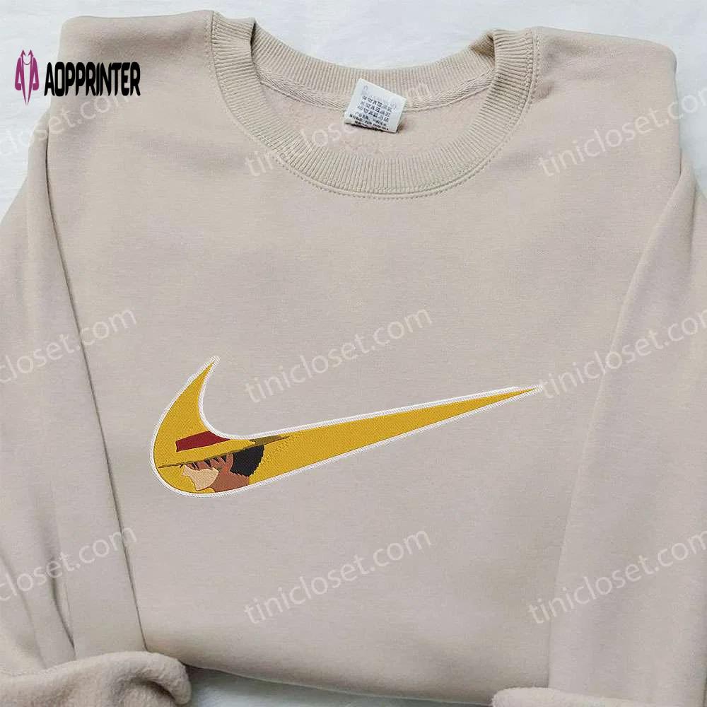 Monkey d luffy x nike swoosh hoodie: anime embroidered one piece & nike inspired shirt Embroidered Shirt