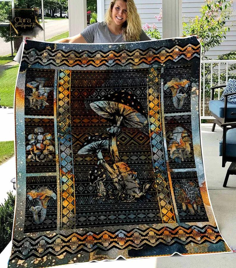 Mushroom galaxy fleece blanket, mink sherpa blanket, mushroom lover blanket, mushroom gift, mushroom pattern quilt Quilt Blanket
