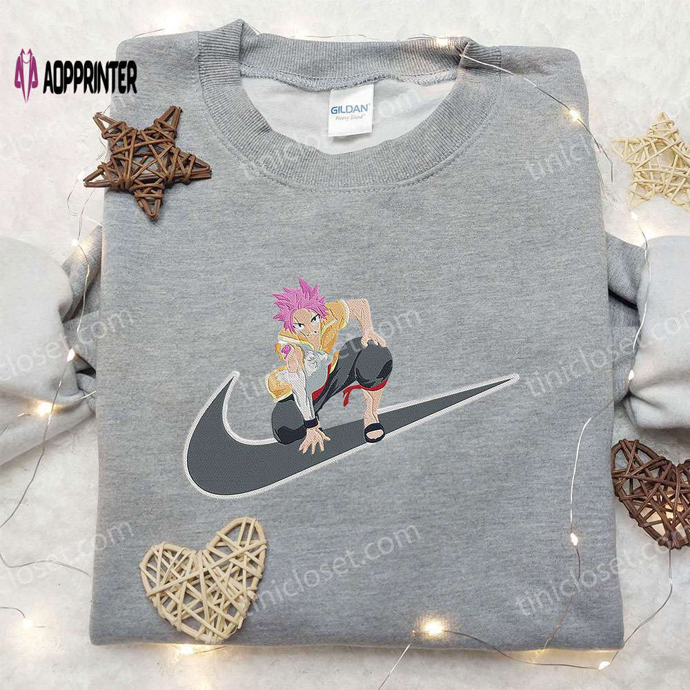 Natsu dragneel x nike swoosh anime embroidered hoodie & fairy tail shirt: nike inspired apparel Embroidered Shirt