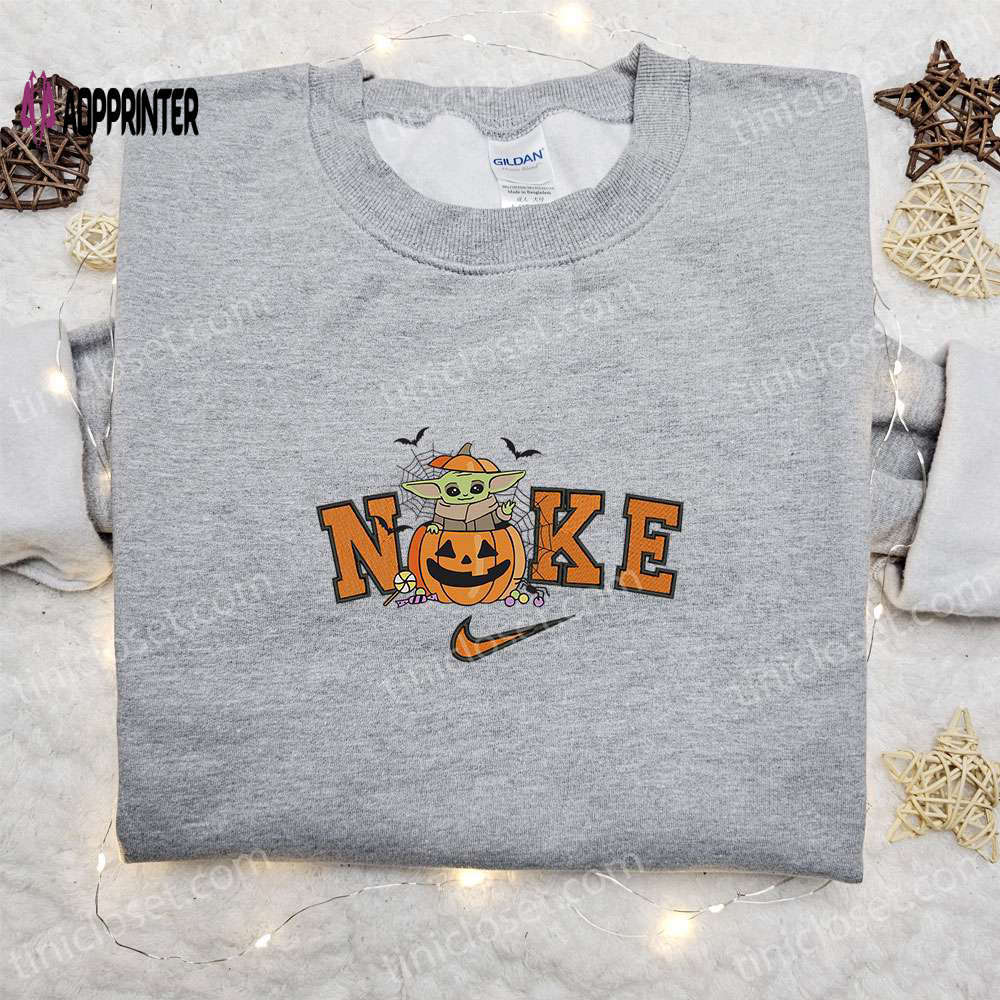 Nike x baby yoda pumpkin sweatshirt: halloween embroidered shirt best gift idea Embroidered Shirt