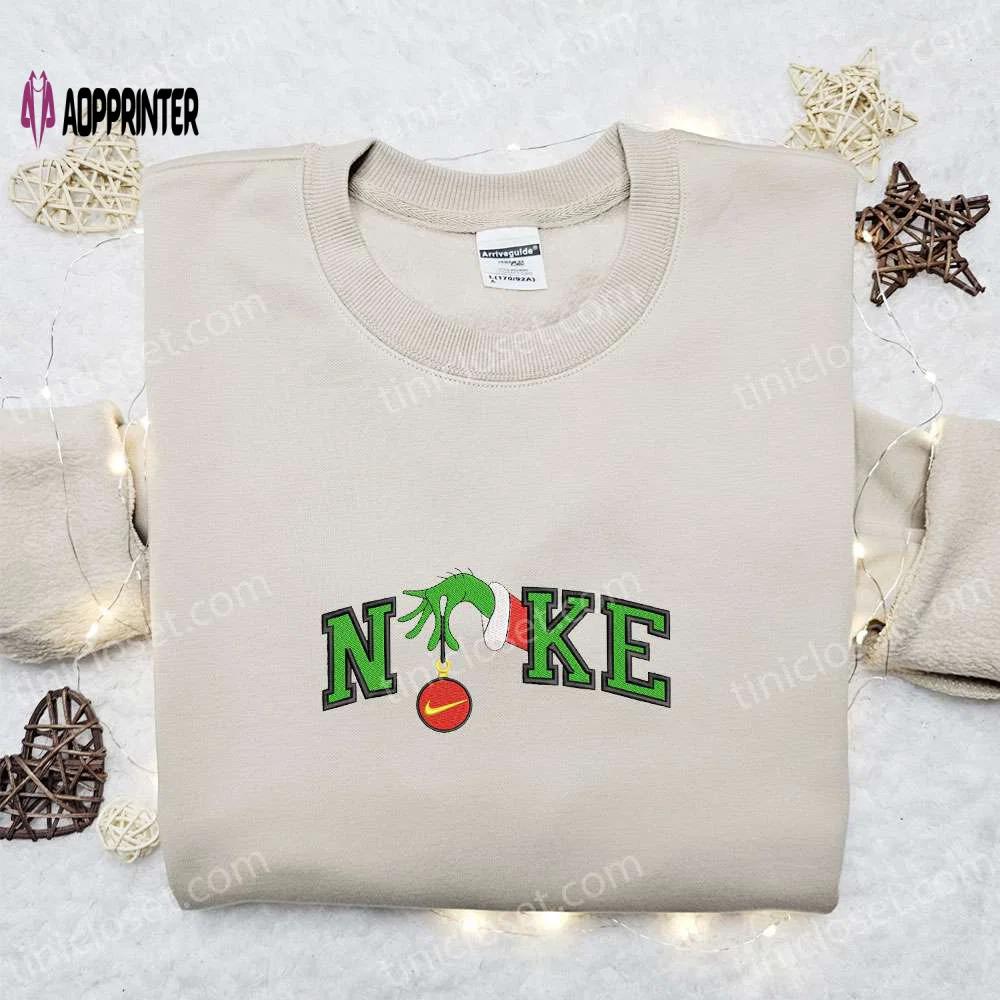 Nike x grinch hand embroidered sweatshirt disney embroidered shirt nike inspired t-shirt Embroidered Shirt