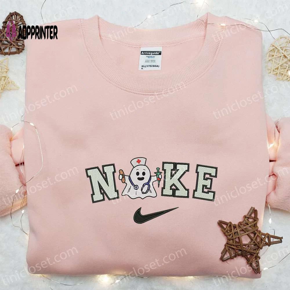 Nike x nurse ghost embroidered shirt: cute halloween gift for halloween lovers Embroidered Shirt