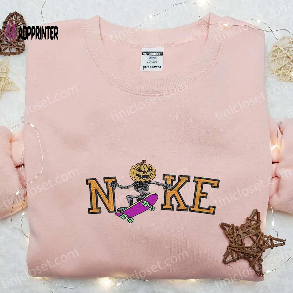 Nike x sweating sucks skeleton pumpkin head hoodie – funny halloween embroidered hoodie & custom t-shirt Embroidered Shirt