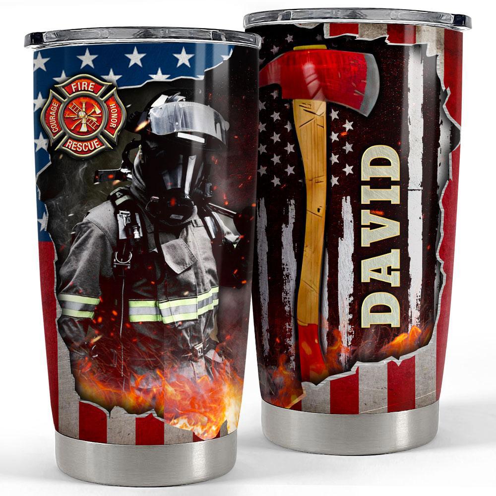 Personalized firefighter tumbler american flag metallic drawing style Personalized Tumbler