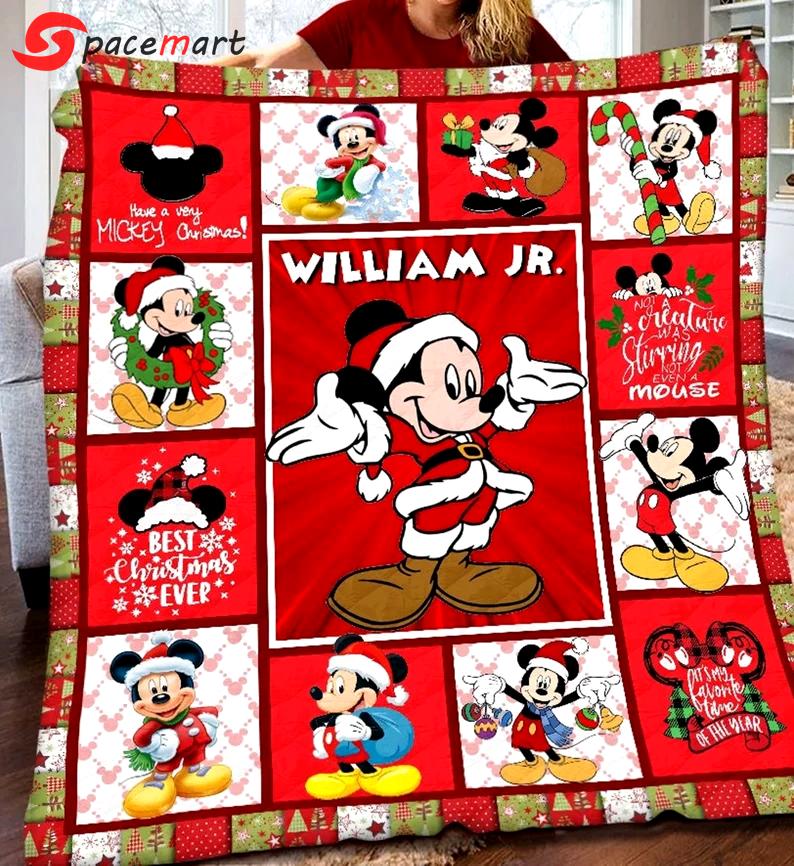 Personalized mickey mouse blanket, mickey mouse fleece blanket, mickey santa claus christmas couch sofa blanket, christmas xmas gifts Quilt Blanket
