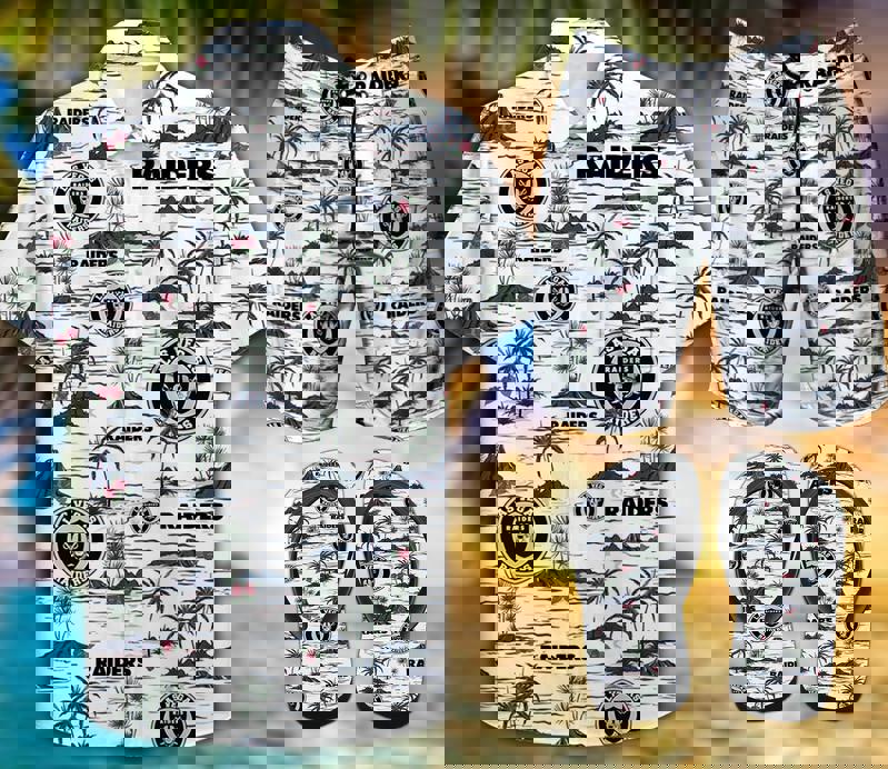 Raiders flip flops and combo hawaii shirt shorts luxury brand summer outfit Hawaii Shirt Shorts & Flip Flops