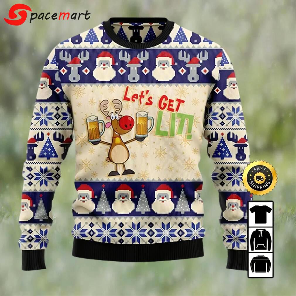 Reindeer let?s get lit beer ugly christmas sweater, faux wool sweater, international beer day, gifts for beer lovers, best christmas gifts for 2022, santa claus Christmas Ugly Sweater