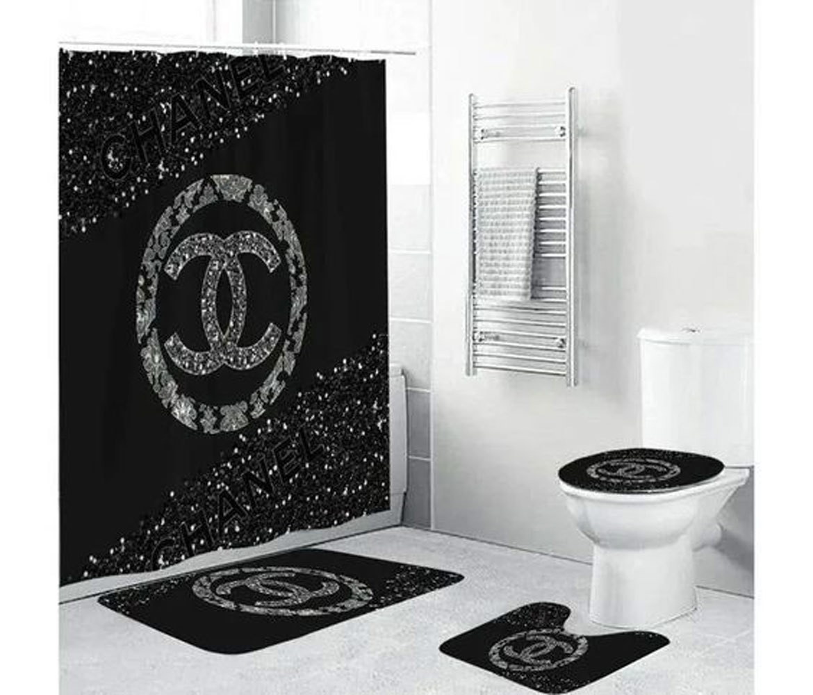 Rugs in living room and bedroom - Chanel black bathroom set hot 2023 luxury shower curtain bath rug mat home decor 259 Bathroom Accessory Sets