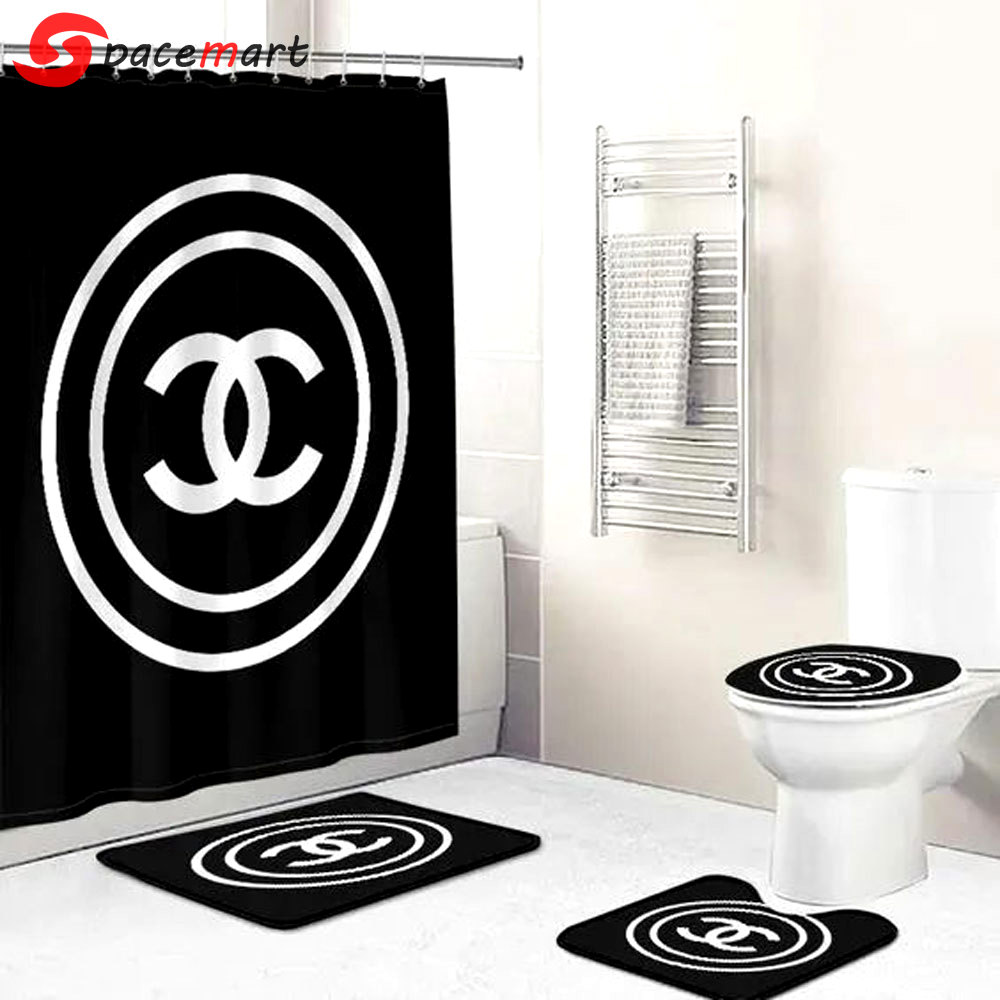 Rugs in living room and bedroom - Chanel black white bathroom set hot 2023 luxury shower curtain bath rug mat home decor 321 Bathroom Accessory Sets