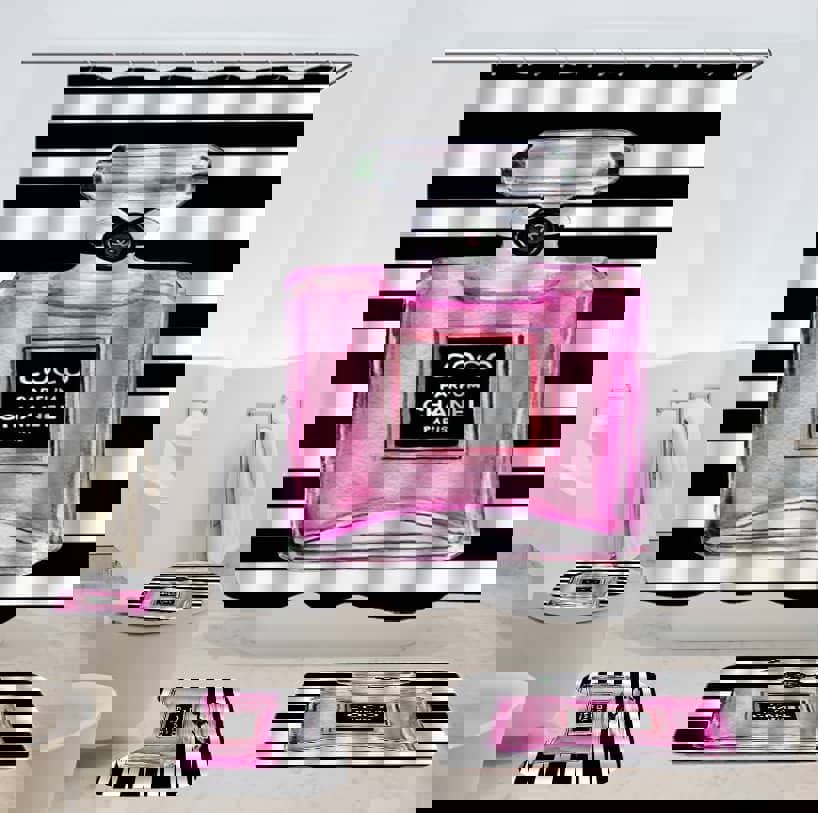 Rugs in living room and bedroom - Chanel perfume bathroom set hot 2023 luxury shower curtain bath rug mat home decor 147 Bathroom Accessory Sets