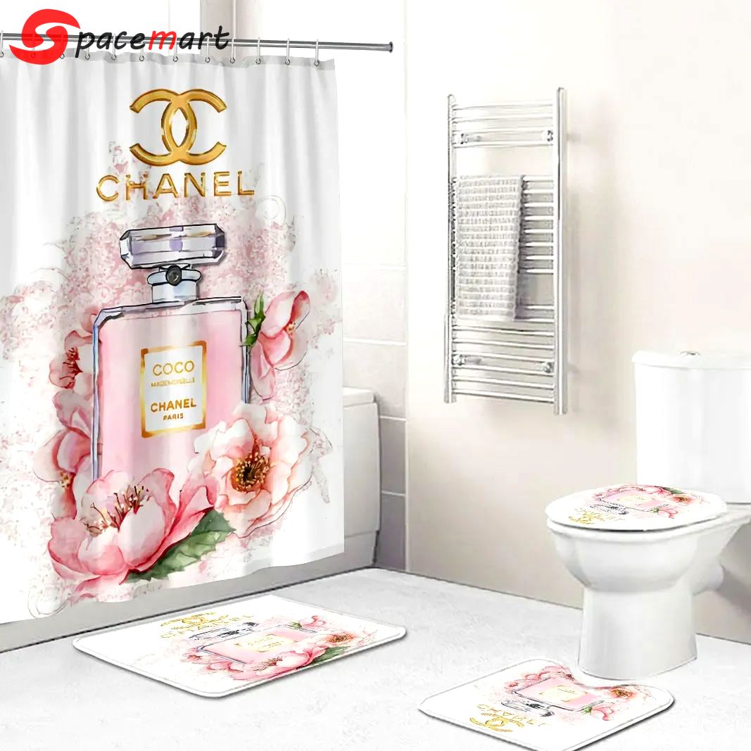 Rugs in living room and bedroom - Chanel perfume bathroom set hot 2023 luxury shower curtain bath rug mat home decor 276 Bathroom Accessory Sets