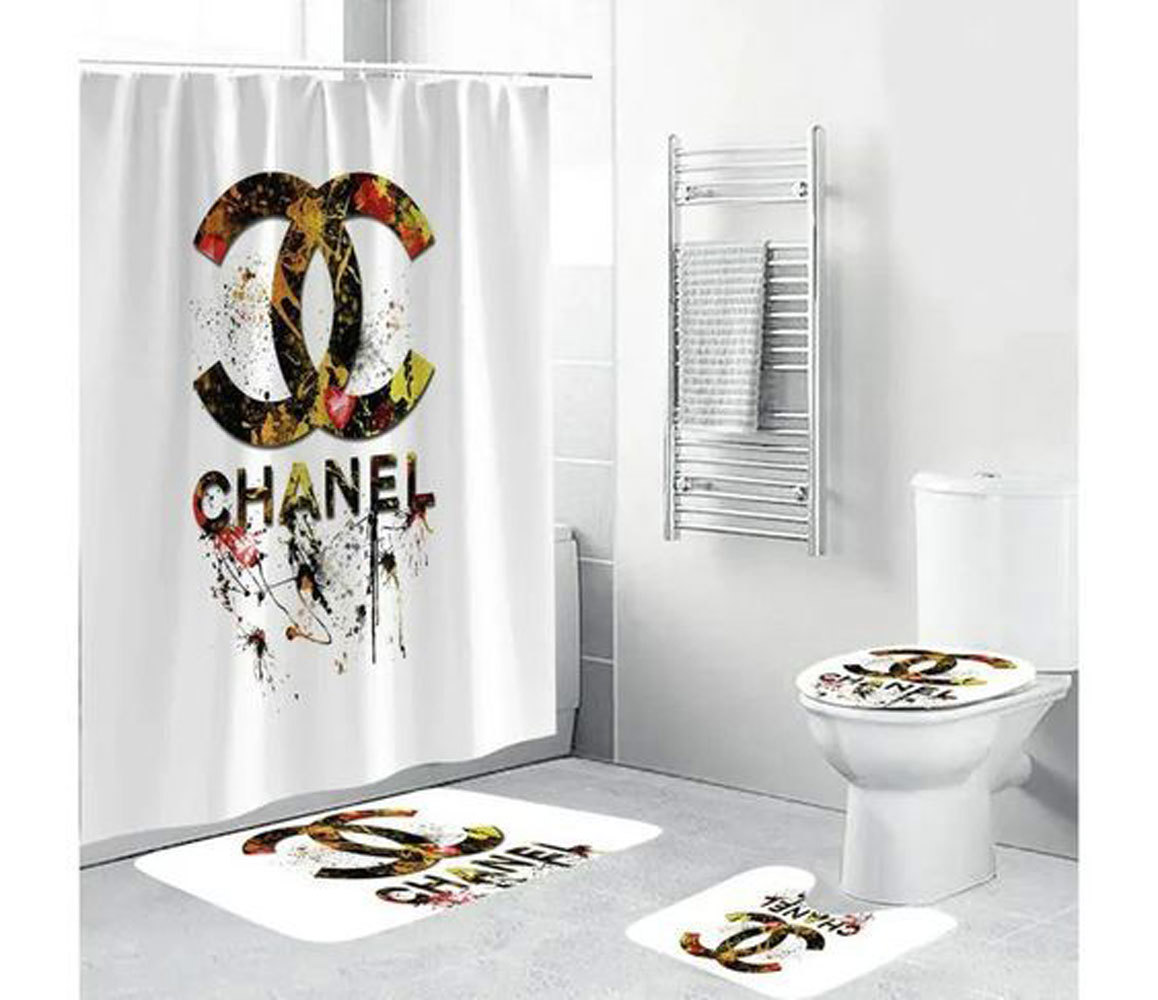 Rugs in living room and bedroom - Chanel white colorful bathroom set hot 2023 luxury shower curtain bath rug mat home decor 256 Bathroom Accessory Sets