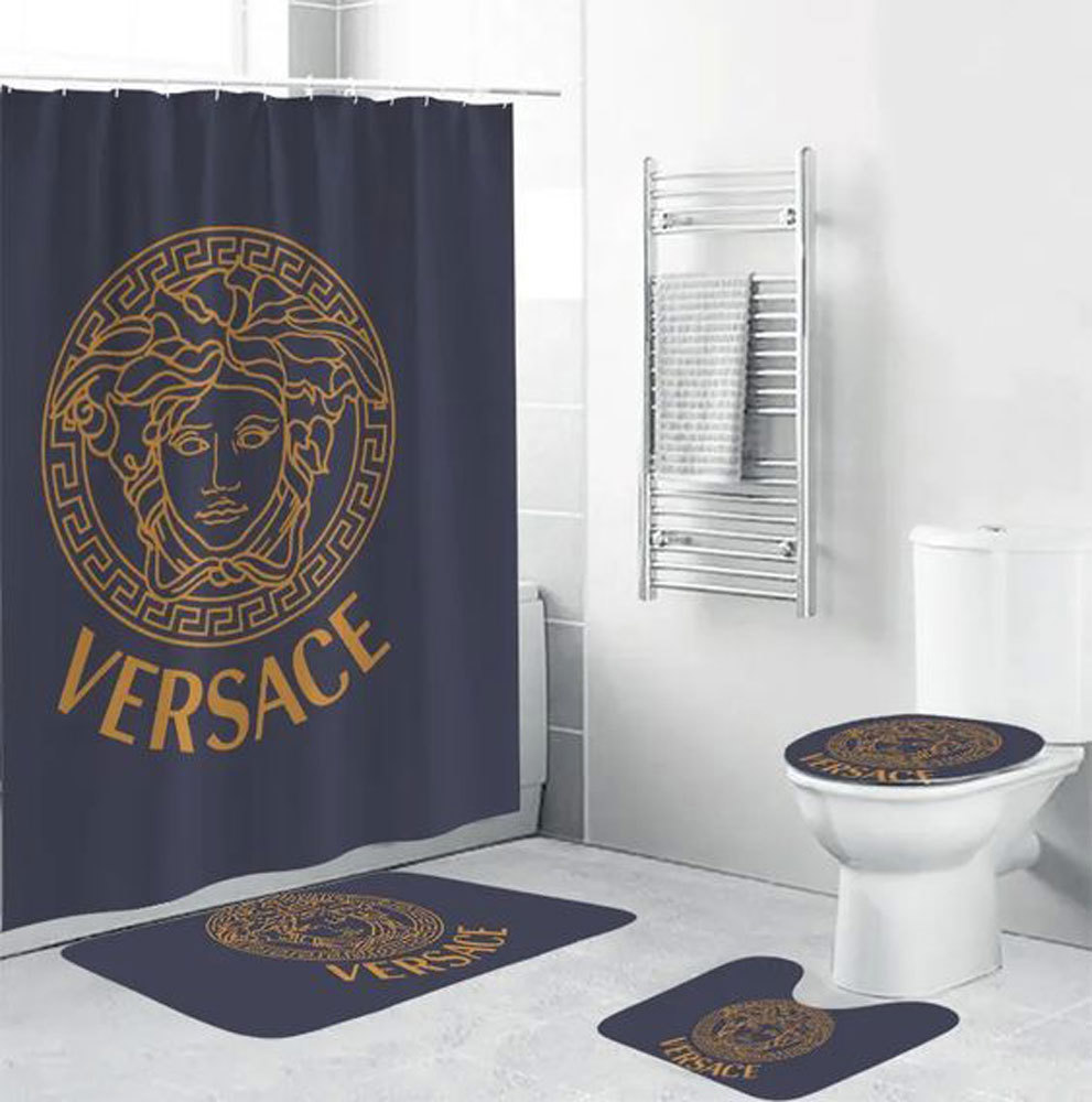 Rugs in living room and bedroom - Gianni versace blue bathroom set hot 2023 luxury shower curtain bath rug mat home decor 285 Bathroom Accessory Sets