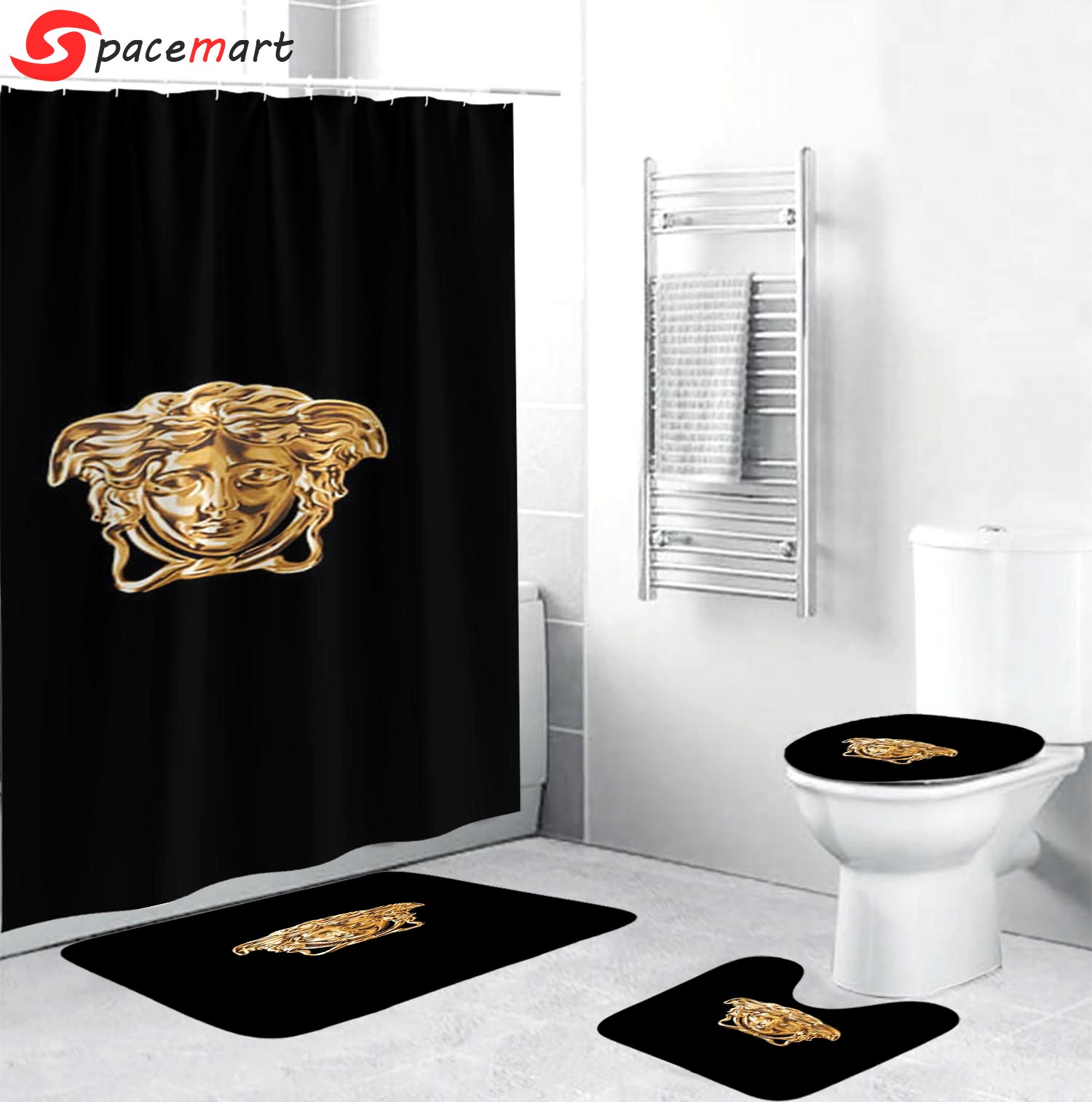 Rugs in living room and bedroom - Gianni versace medusa bathroom set hot 2023 luxury shower curtain bath rug mat home decor 192 Bathroom Accessory Sets