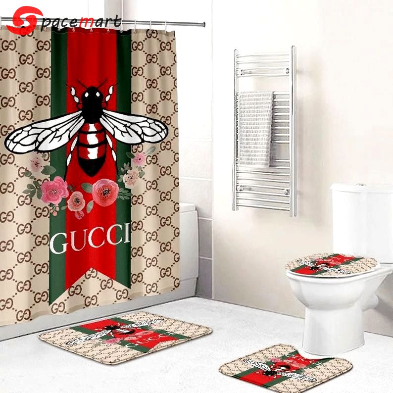 Rugs in living room and bedroom - Gucci bee flower bathroom set hot 2023 luxury shower curtain bath rug mat home decor 196 Bathroom Accessory Sets