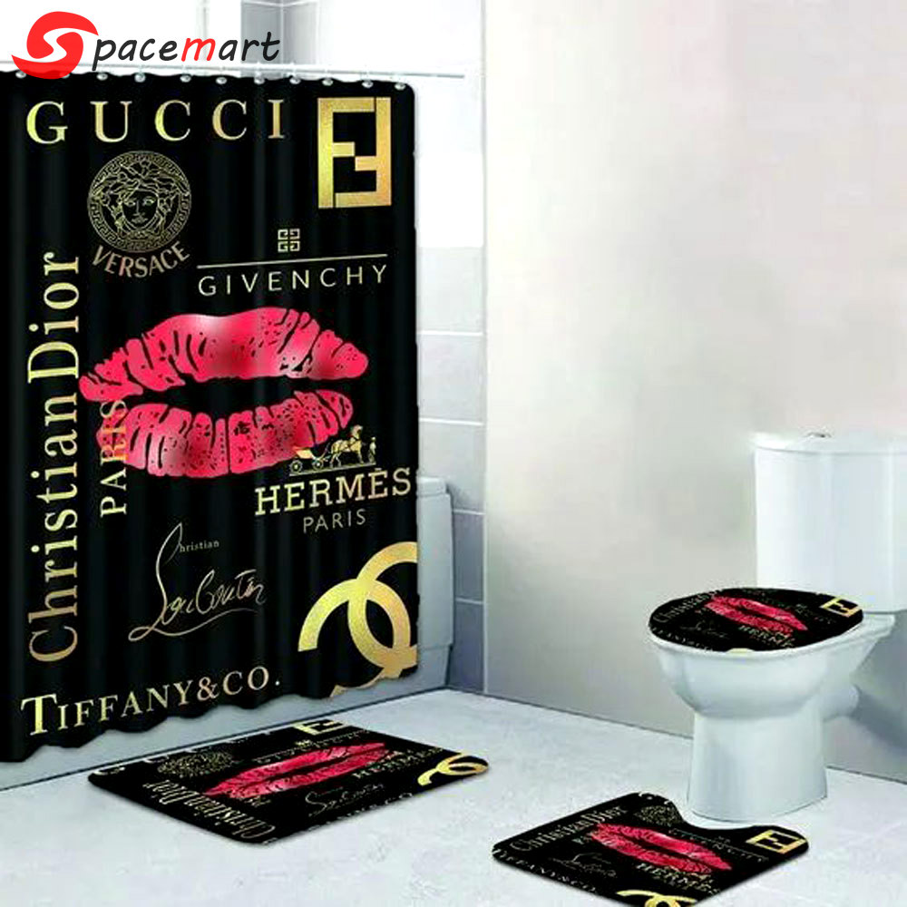 Rugs in living room and bedroom - Gucci versace chanel dior bathroom set hot 2023 luxury shower curtain bath rug mat home decor 218 Bathroom Accessory Sets