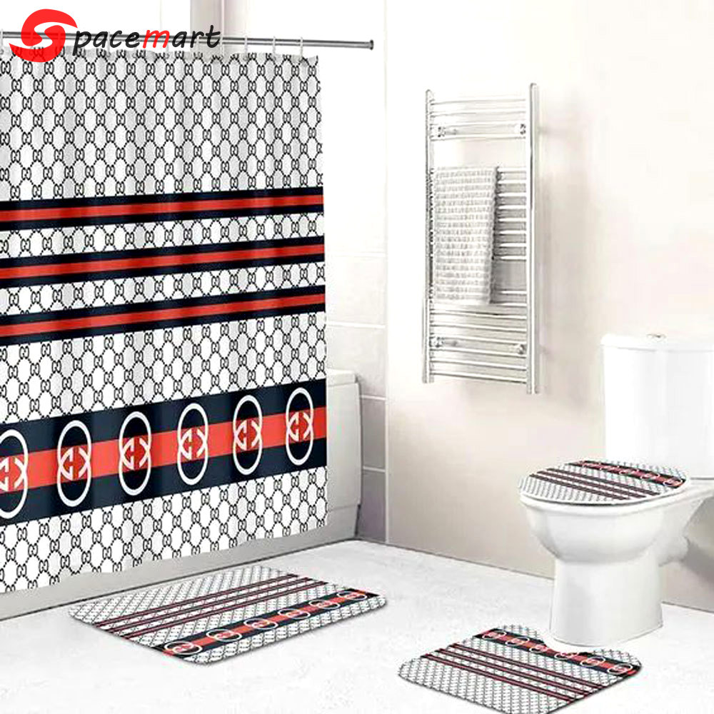 Rugs in living room and bedroom - Gucci white stripe bathroom set hot 2023 luxury shower curtain bath rug mat home decor 203 Bathroom Accessory Sets