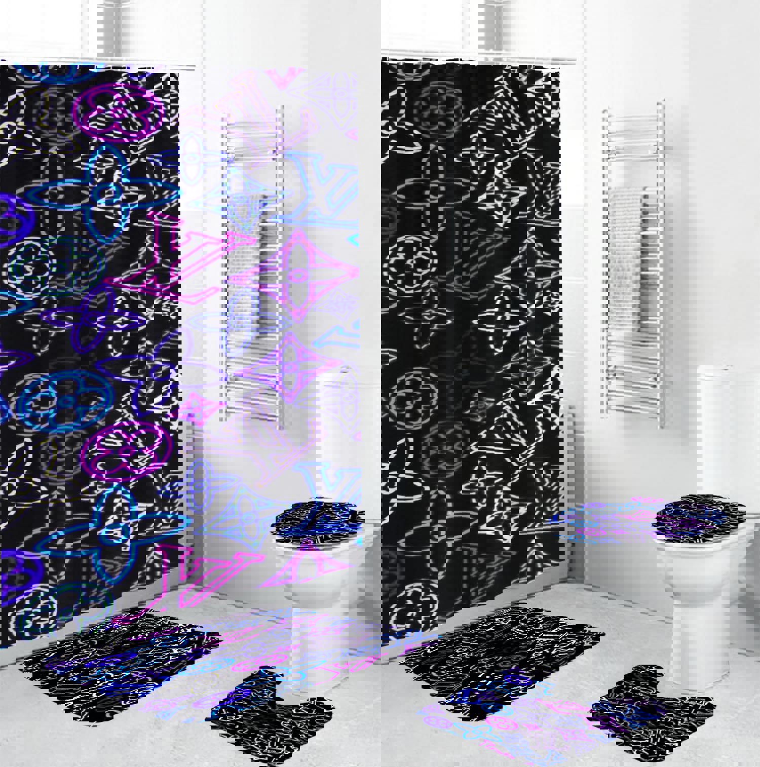 Rugs in living room and bedroom - Louis vuitton lv colorful bathroom set hot 2023 luxury shower curtain bath rug mat home decor 99 Bathroom Accessory Sets