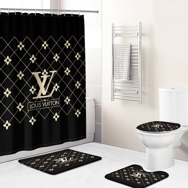 Rugs in living room and bedroom - Louis vuitton lv dark bathroom set hot 2023 luxury shower curtain bath rug mat home decor 141 Bathroom Accessory Sets