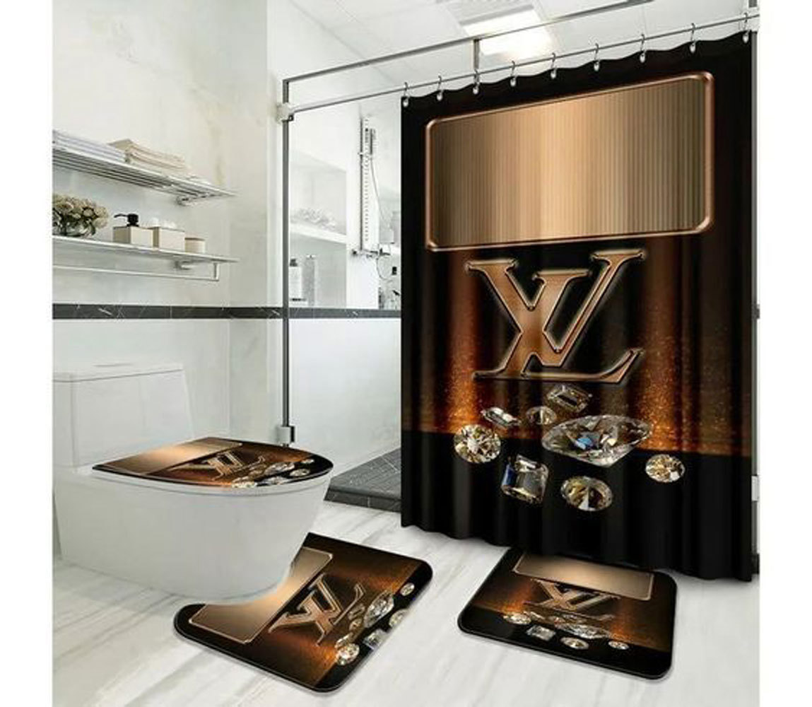 Rugs in living room and bedroom - Louis vuitton lv diamond bathroom set hot 2023 luxury shower curtain bath rug mat home decor 278 Bathroom Accessory Sets