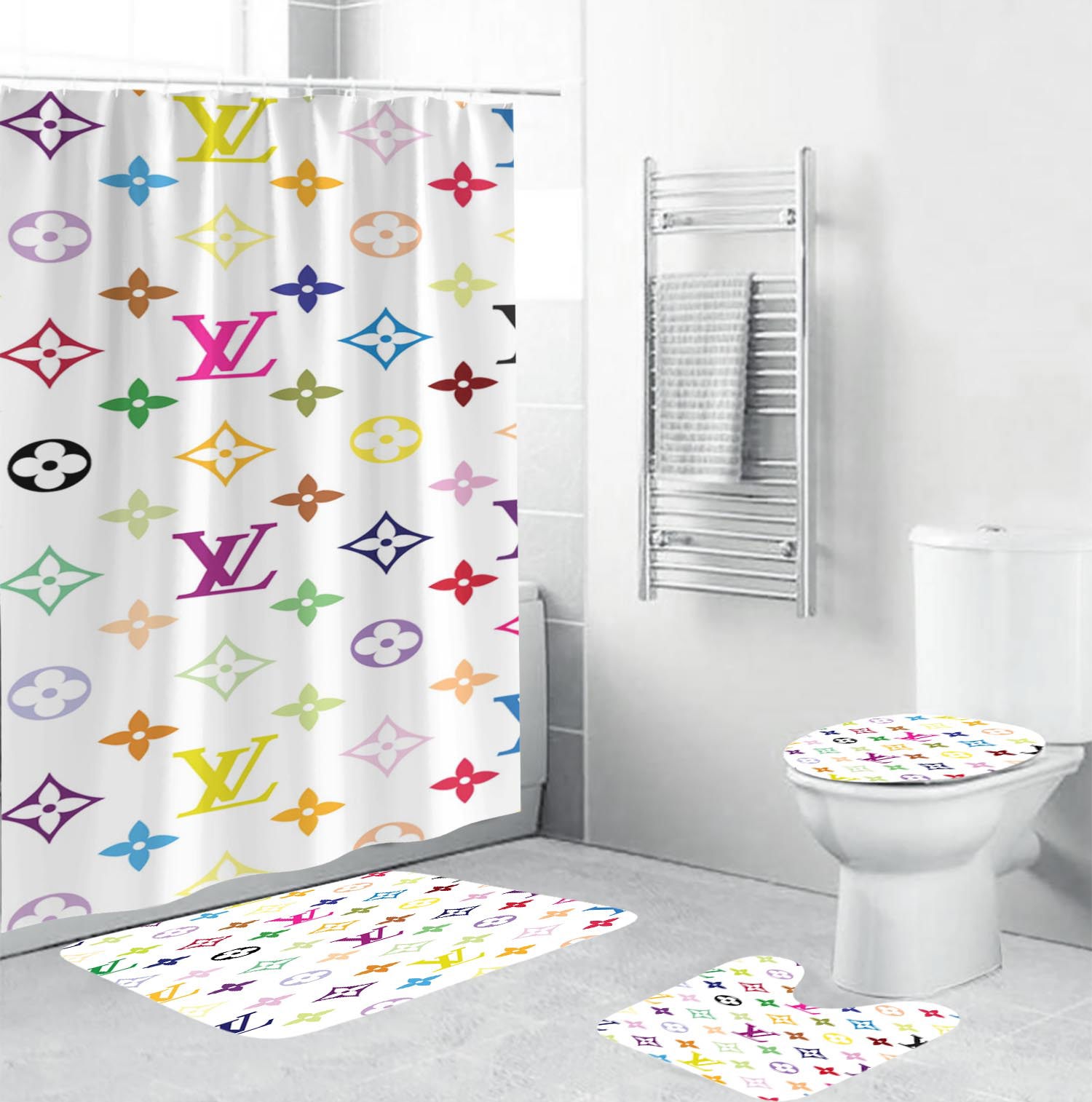 Rugs in living room and bedroom - Louis vuitton lv white bathroom set hot 2023 luxury shower curtain bath rug mat home decor 110 Bathroom Accessory Sets