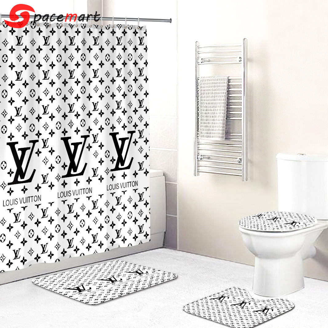 Rugs in living room and bedroom - Louis vuitton lv white bathroom set hot 2023 luxury shower curtain bath rug mat home decor 143 Bathroom Accessory Sets