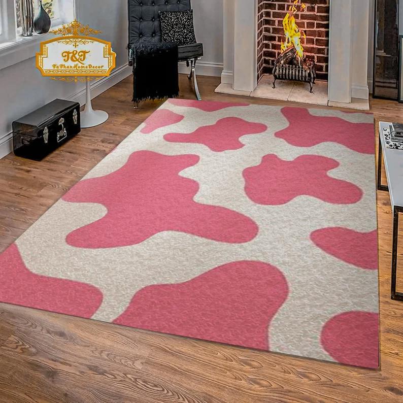 Rugs in living room and bedroom pastel pink and white cow rug - pink cow area rug - boho rug- girls room rug- farmhouse floor rug- pink living room rug- colorful art rug Rectangle Rug