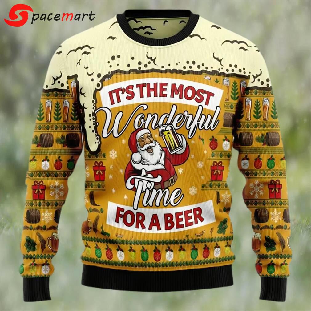 Santa claus wonderful time for a beer ugly christmas sweater, faux wool sweater, international beer day, gifts for beer lovers, best christmas gifts for 2022 Christmas Ugly Sweater