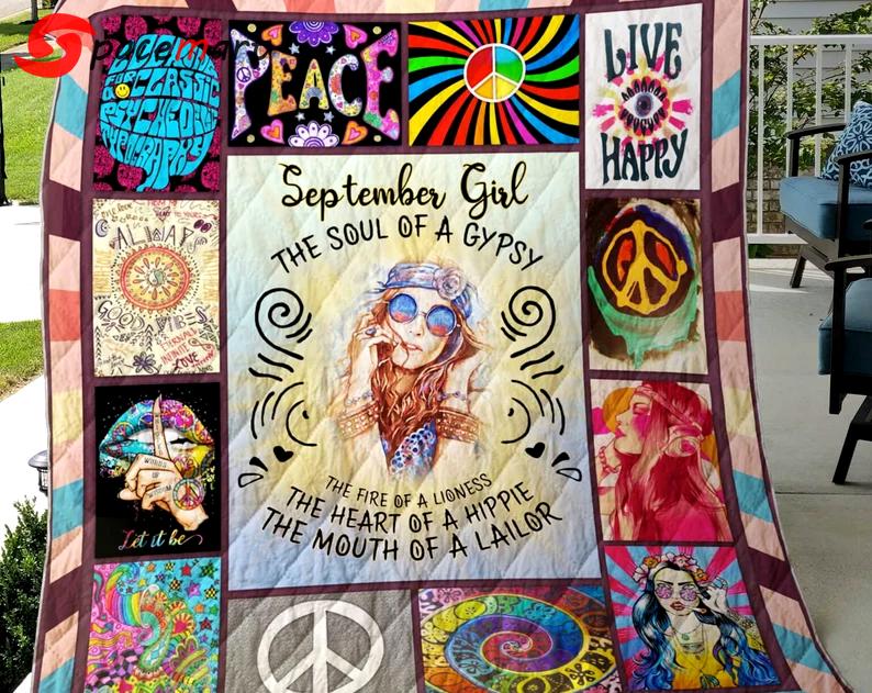 September girl the soul of a gypsy, hippie peace symbol blanket, hippie girl blanket, september girl birthday gifts, christmas gifts Quilt Blanket