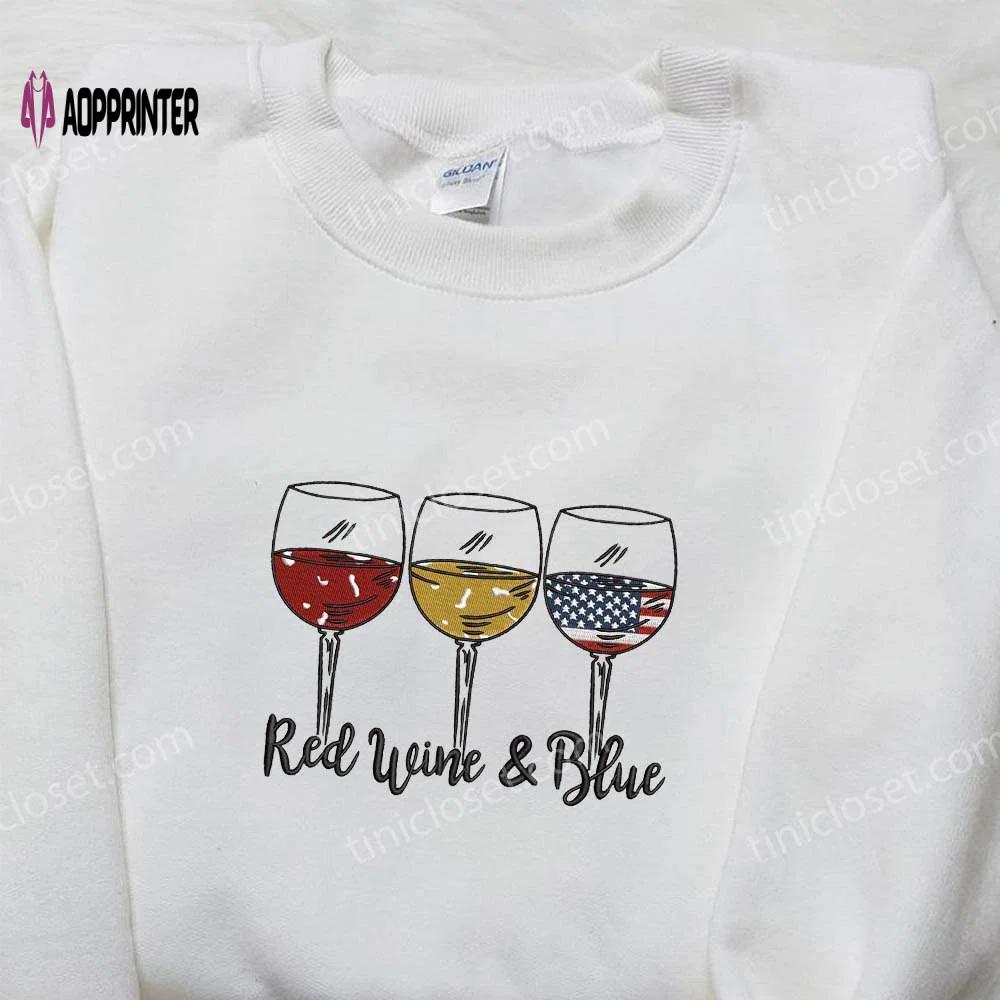 Show your patriotic spirit with america red white and blue wine glass embroidered shirt – perfect national day gift! Embroidered Shirt