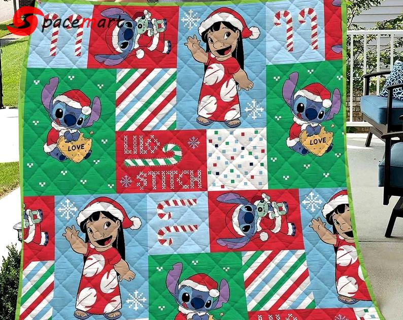 Stitch christmas fleece blanket, stitch and angel throw blanket for couch sofa, stitch birthday gift, christmas gifts Quilt Blanket