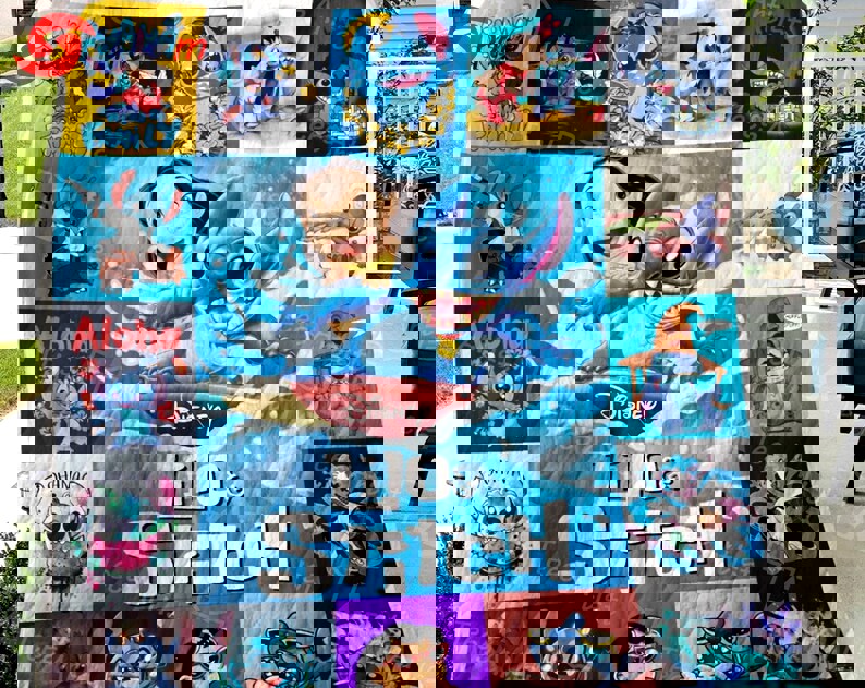 Stitch ohana means family fleece blanket, stitch throw blanket for couch sofa, stitch birthday gift, christmas gifts Quilt Blanket