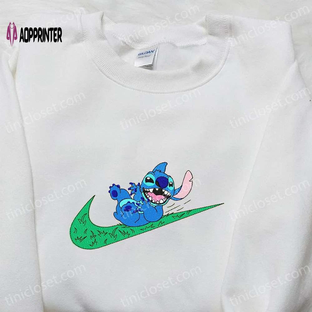 Stitch x nike swoosh cartoon embroidered tshirt – best nike inspired gift for family Embroidered Shirt