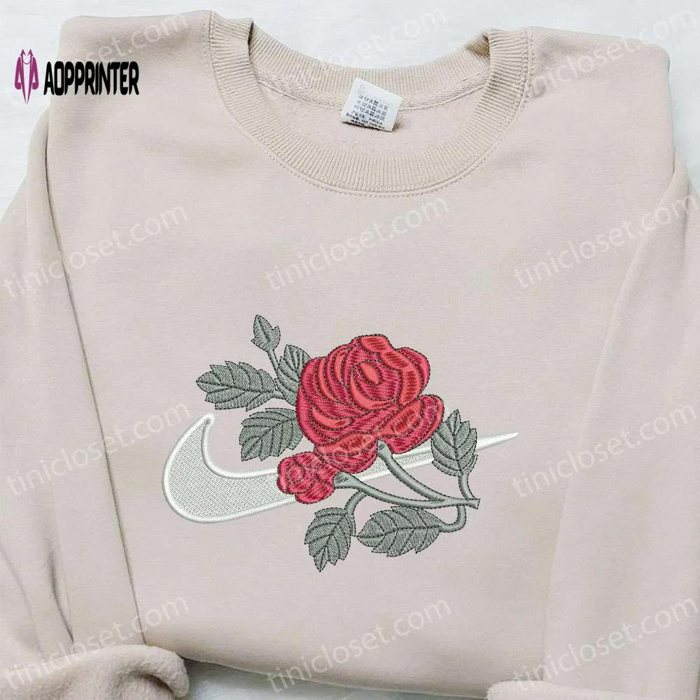 Swoosh x rose flower embroidered hoodie: nike inspired shirt perfect family gift Embroidered Shirt