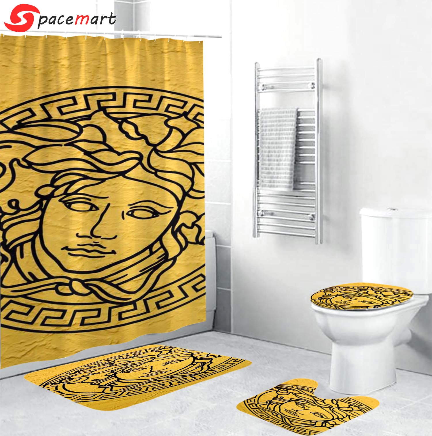 Versace big medusa logo in golden background bathroom set shower curtain set Bathroom Set