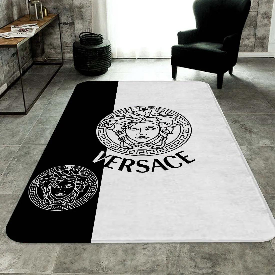 Versace black white logo type 485. Upgrade Your Living Room with Luxury Home Decor: Area Carpets, Floor Decor, Door Mats, and Hot Gift Items with style a High-End Fashion Brand Rectangle Rug