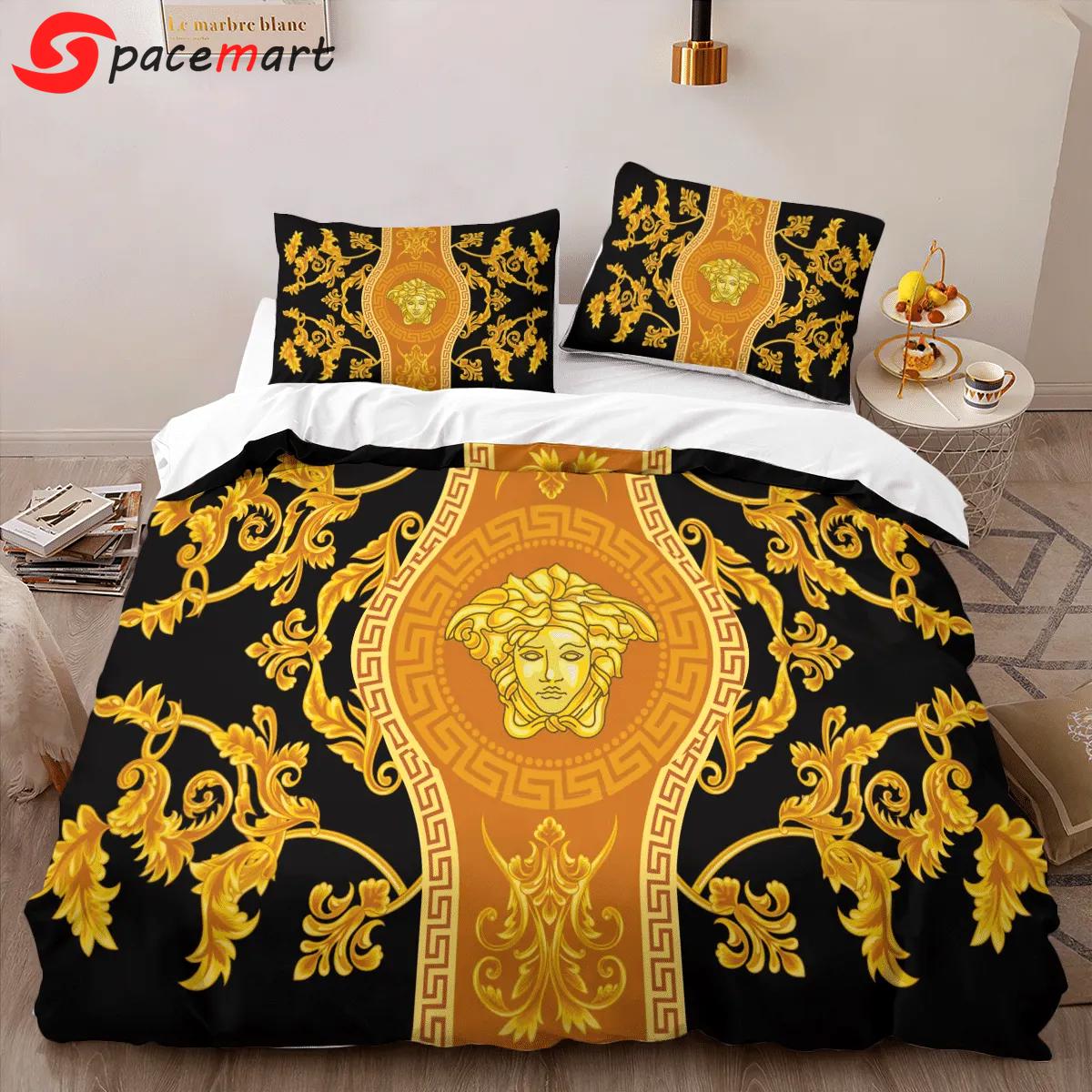 Versace gold luxury brand logo high-end bedding sets lv, bedroom decor , thanksgiving decorations for home best luxury bed sets gift thankgivings and christmas Bedding Sets