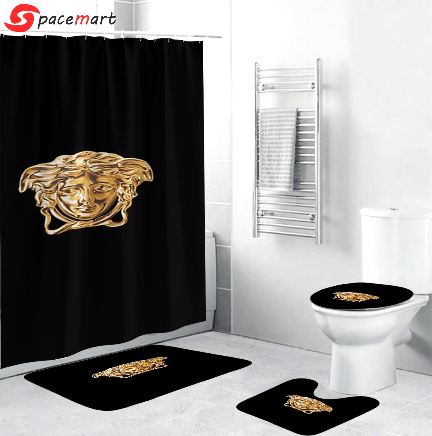 Versace golden medusa face in black bathroom sets hypebeast luxury fashion brand home decor bath mat Bathroom Set