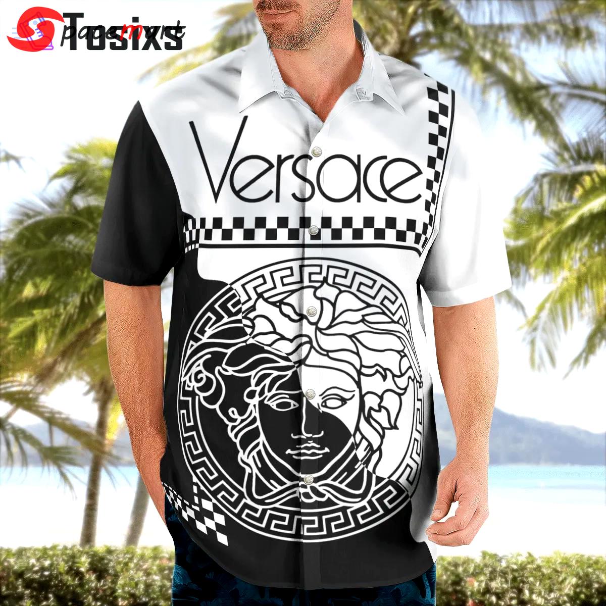 Versace medusa black white luxury brand premium fashion hawaii shirt for men 43 hawaii shirt Hawaii Shirt Shorts & Flip Flops