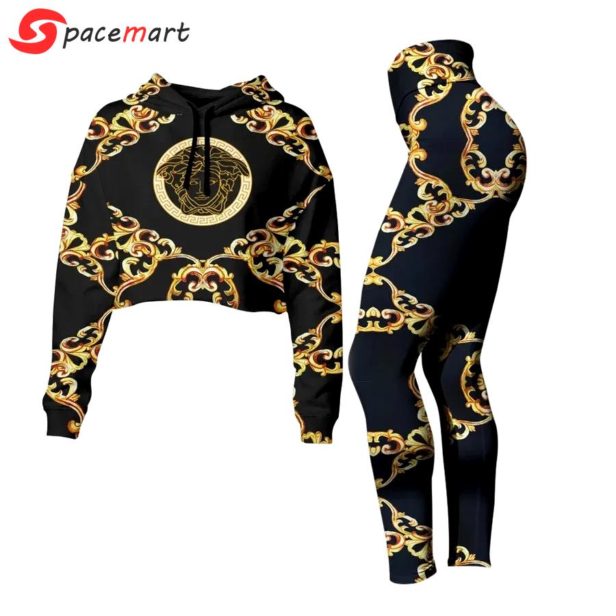 Versace medusa golden luxury brand clothes leggings and crop top set for women Croptop Hoodie Legging Set