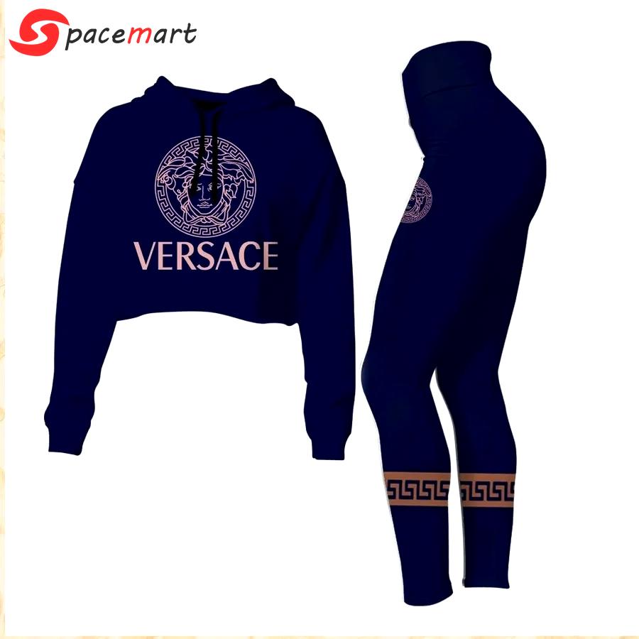 Versace medusa navy luxury brand clothes leggings and crop top set for women Croptop Hoodie Legging Set