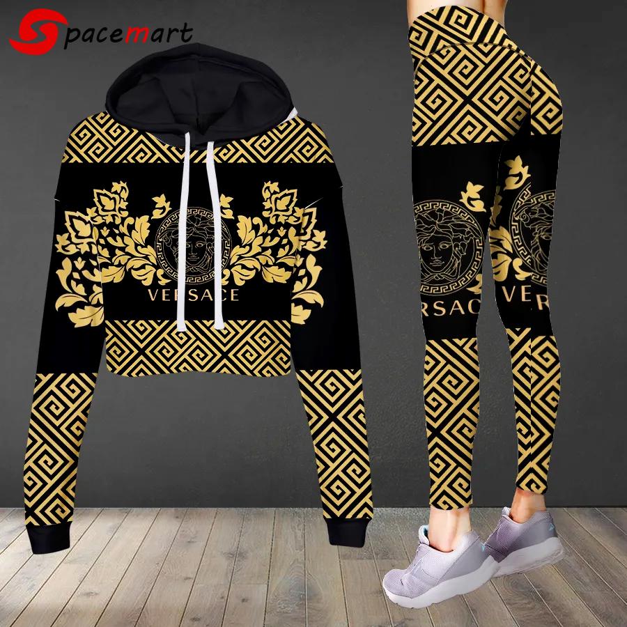 Versace medusa yellow pattern luxury brand clothes leggings and crop top set for women Croptop Hoodie Legging Set