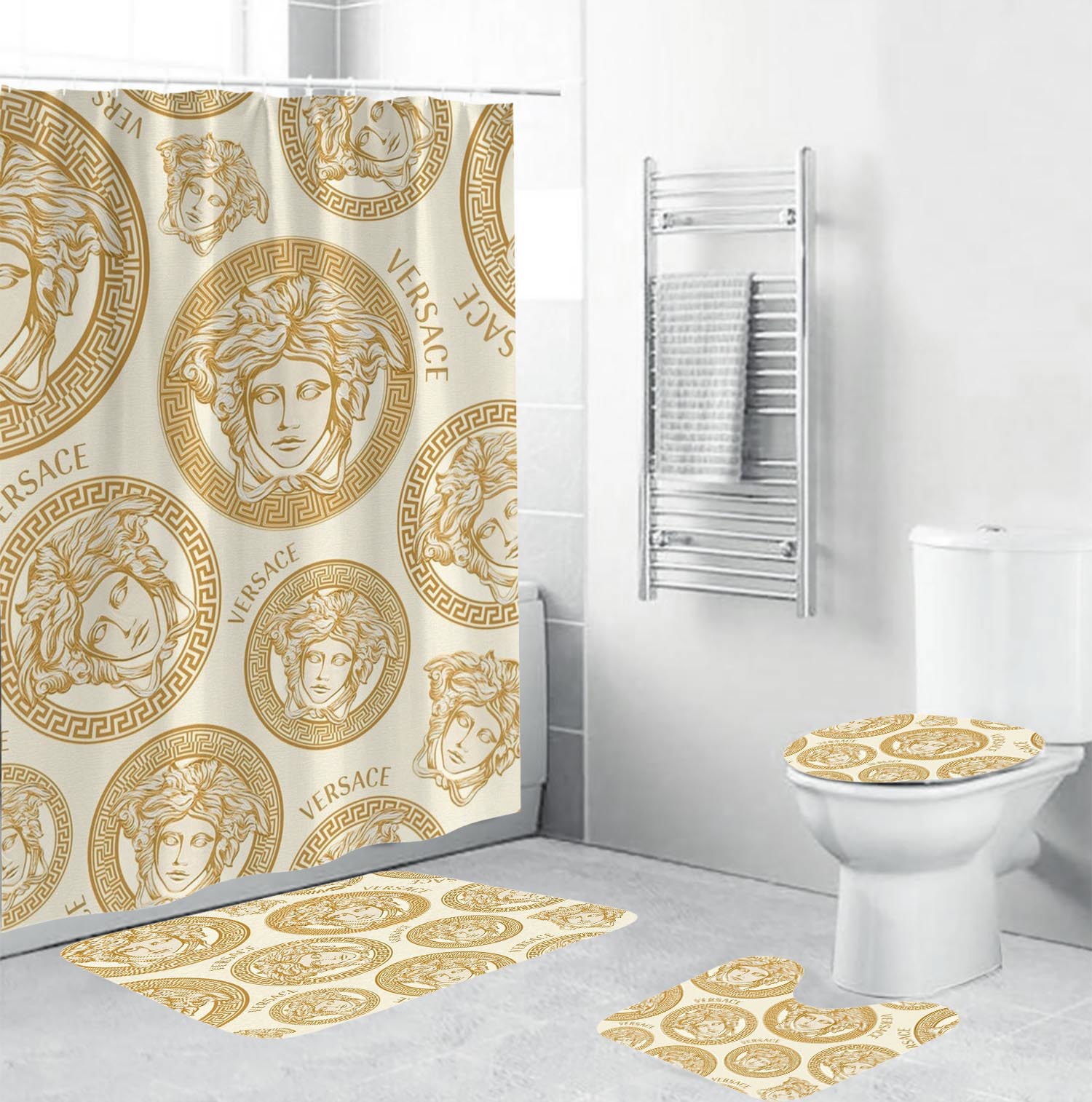 Versace yellowpattern in beige background bath mat home decor luxury fashion brand hypebeast bathroom sets Bathroom Set