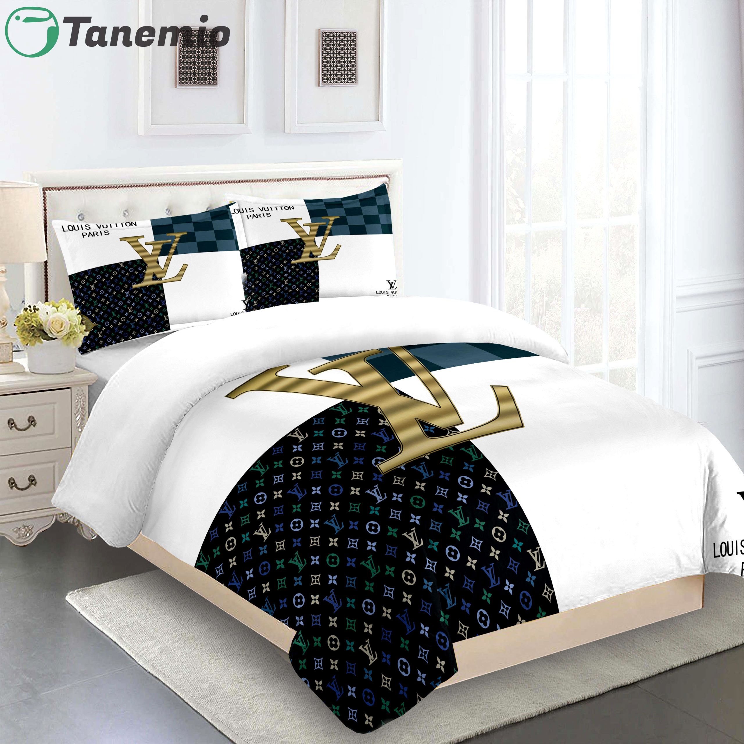 Comforter sets golden with black gold logo lv bedding sets