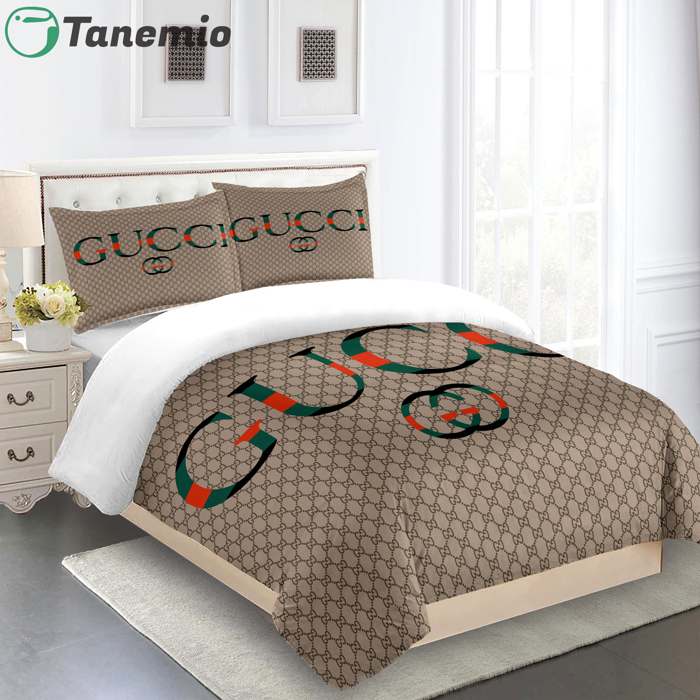 Duvet Covers and Pillow Case set Gucci bedding set dark beige luxury