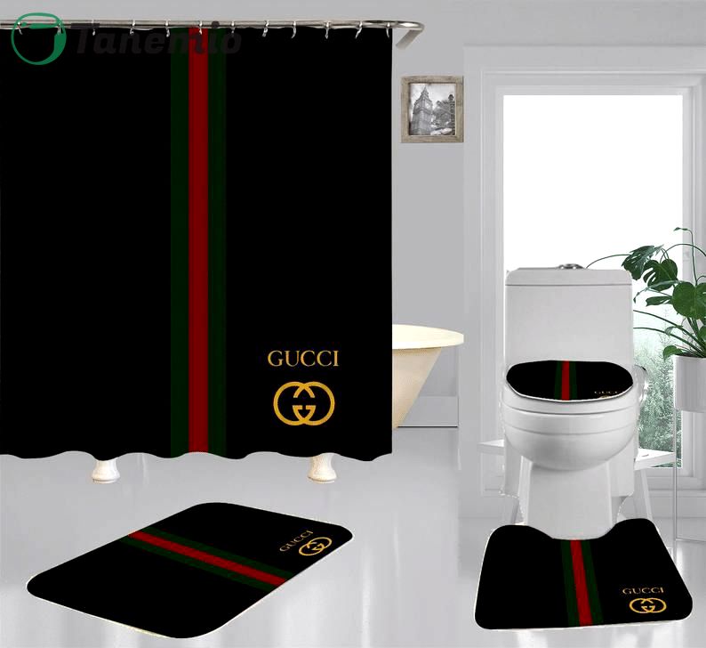 Gucci black bathroom set hot 2023 luxury shower curtain bath rug mat