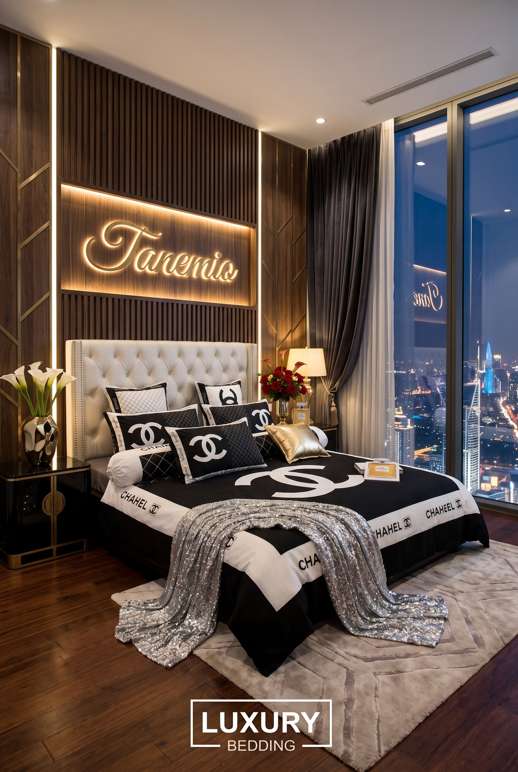 Luxury Chanel Bedding Set – Classic Black & White CC Logo Duvet Cover & Bedroom Collection